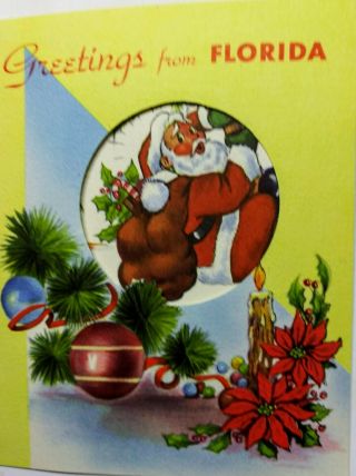 Vtg 1956 Florida Greetings Christmas Card Santa Peep Hole Palm Tree Alligator