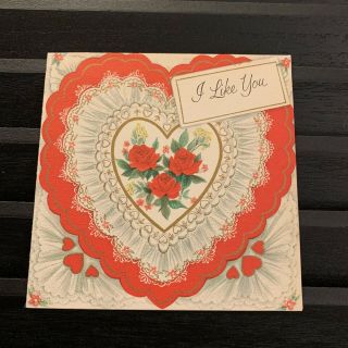 Vintage Greeting Card Valentine I Like You Heart Flowers