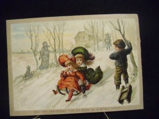 Victorian Scrap 0277 - Christmas Card - Children Tobogganing - Cir:1884