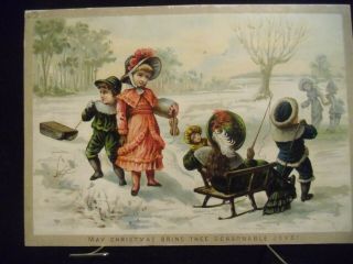 Victorian scrap 0278 - CHRISTMAS CARD - CHILDREN SLEDDING - CIR:1884 2