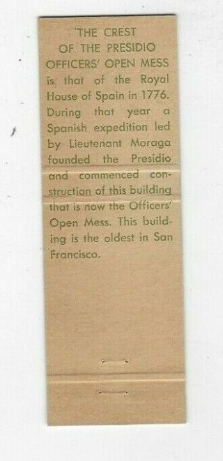 Vintage Matchbook Cover Army Presidio Of San Francisco Officers Club 4690 2