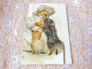 Victorian Year Card/partially Cut - Out Girl With Two Pet Dogs/ernest Nister