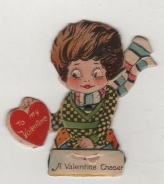 Vtg 2 3/8 " Mechanical On Eye Scarf Arm A Valentine Chaser Card Girl Unsiged