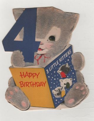 Vtg Norcross Greeting 4 Hapy Birthday 3 Little Kittens Book Card Flocked Kitten