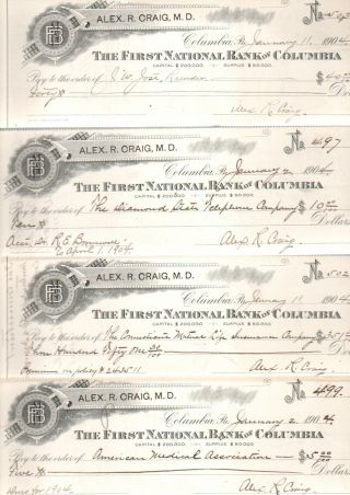 4 1900c Columbia,  Pa Pioneer Alex.  R Craig,  Md Signatures Illustrated Bank Checks