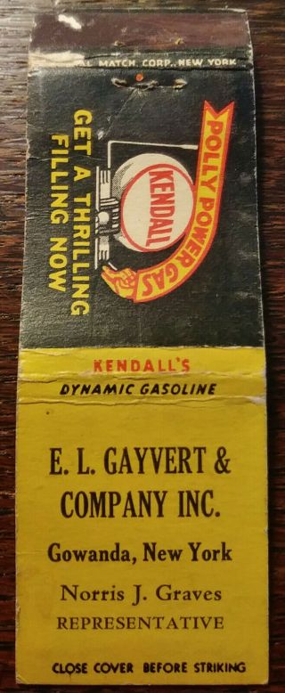 Vintage Matchcover: Kendall Polly Power Gas,  Gayvert Co. ,  Gowanda,  Ny L