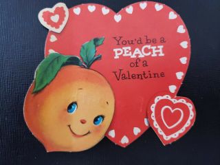 Vtg Valentine Greeting Card Diecut Cute Anthropomorphic Peach " You 