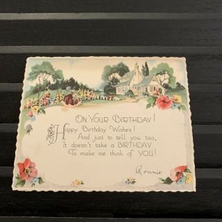 Vintage Greeting Card Birthday House Flowers Art Deco