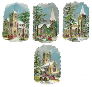 Victorian Antique 4 Die Cut Scraps Churches In Snow 1880s - 1890s