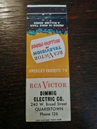 Vintage Matchcover: Rca Victor Tv,  Dimmig Electric,  Quakertown,  Pa U