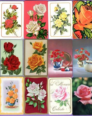 12 Single Swap Playing Cards Roses Pretty Flowers Red Yellow White Pink Vintage