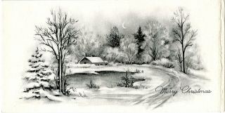 Vintage Christmas Card Black And White Winter Scene Pond Farm House