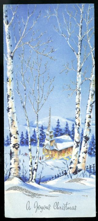 Vtg Christmas Card Church In The Forest White Birch Trees Silver Glitter