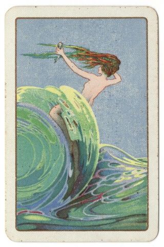 Single Playing Card - Young Lady Riding The Waves,  Catching A Fish [764]