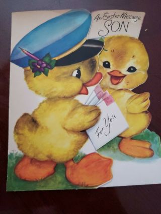 7 " Vtg Rust Craft Easter Greeting Card Diecut Marjorie Cooper?ducks Mailman 40s