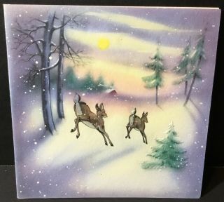Vtg Embossed Christmas Card White Tailed Deer Running Leaping In Forest