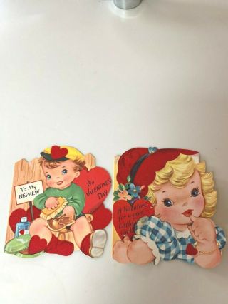 2 Vintage A - Meri Valentine Cards Flocked Die Cut Little Girl/nephew