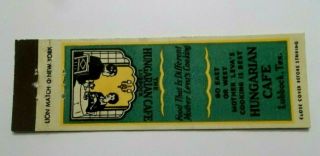 Matchbook Cover - Hungarian Cafe Lubbock Tx Midget Texas