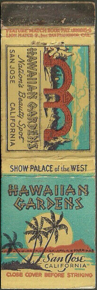 Tropical Vintage Hawaiian Gardens Matchbook Cover San Jose,  Ca California