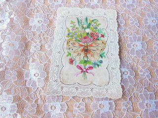 Victorian Paper Lace Greeting Card/painted Silk Panel Of Butterfly And Flowers
