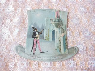 Victorian Christmas Card/cut - Out Top Hat/black Figure Playing Banjo