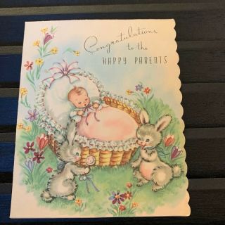 Vintage Greeting Card Baby Congrats Girl Bunnies Flowers