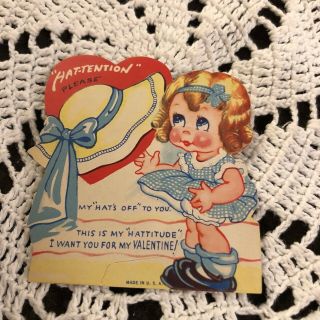 Vintage Greeting Card Valentine Cute Girl Yellow Hat