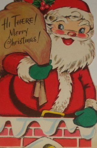 Vintage Christmas Card,  Charming Santa In The Chimney,  7 1/4 "