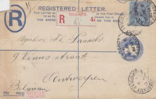 1898 Qv London Registered Cover With A Fine 2½d Blue Stamp Sent To Belgium