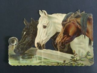 Victorian Die Cut 3 Horses Drinking At Trough Old Large 6 1/2 X 4 1/4