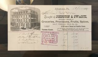 1891 Allentown Pa Factory Scene Billing Invoice Johnson & Swartz Groceries