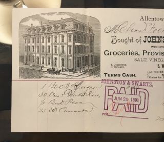 1891 Allentown PA Factory Scene Billing Invoice Johnson & Swartz Groceries 2
