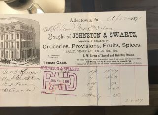 1891 Allentown PA Factory Scene Billing Invoice Johnson & Swartz Groceries 3