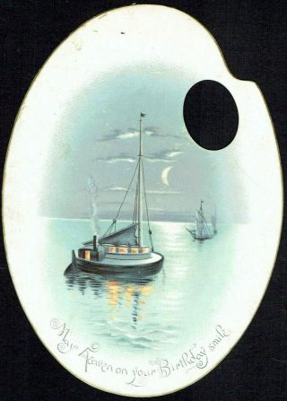 Shaped Victorian Birthday Greetings Card Boat Sailing In The Moolight Davidson