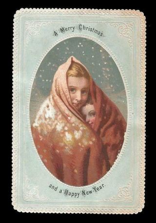 S48 - Children In Cloak Chromo On Goodall Embossed Victorian Xmas Card