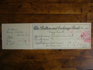 The Bullion And Exchange Bank Carson City Nevada,  Bank Draft With Stub.  1888