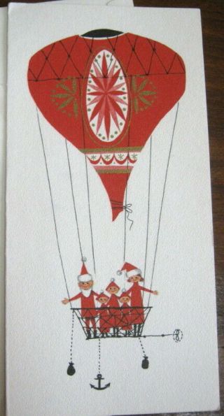 Vtg Mcm Hallmark Slim Jims Christmas Card Hot Air Balloon,  Five Of Us,