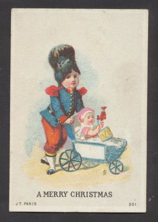 C7913 Victorian Xmas Card: Soldier & Baby In Pram 1870s