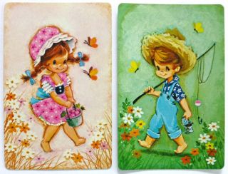 Pair Vintage Swap Cards.  Boy Fishing & Flower Girl.  Big Bonnet Era.  Hoyle.
