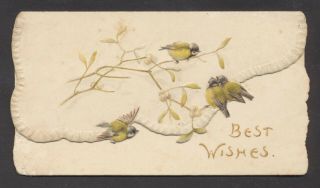 C7710 Victorian 2 Tab Folding Die Cut Xmas Card: Birds & Mistletoe 1896