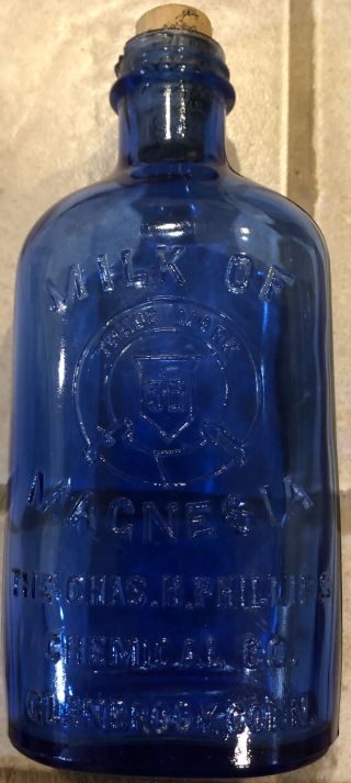 Vintage Antique Phillips Milk Of Magnesia Cobalt Blue 5” Glass Bottle Early 1900