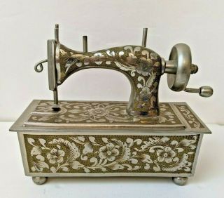 Scarce Hand Etched Fred Zimbalist Sewing Machine Jewelry Music Box