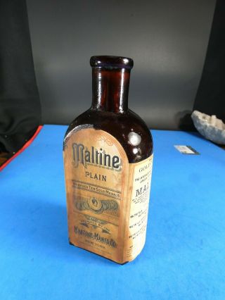 Old Amber Glass Maltine Bottle With 1890 Paper Label