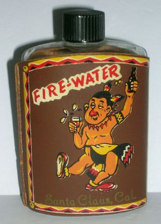 Vintage Indian Fire Water Leather Covered Bottle Flask Santa Claus,  California