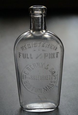 Antique Massachusetts Strap Sided Half Pint Whiskey Flask - C.  Berry & Co Boston