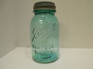Vintage Ball Perfect Mason 9 Aqua / Blue Quart Fruit Jar With Ball Zinc Lid