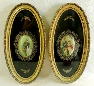 Pair Set Antique/vtg Victorian 20 " Oval Silk Portrait Gold Wood Framed Pictures
