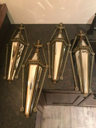 4 Fancy Old Antique Vintage French Brass Beveled Mirror Wall Sconces