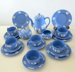 21 P Wedgwood Blue Jasperware Tea Set Teacup Dessert Plate Sugar Bowl Creamer