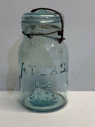 Vintage Atlas E - Z Seal Aqua Blue Qt Canning Jar W/ Glass Lid & Wire Bail